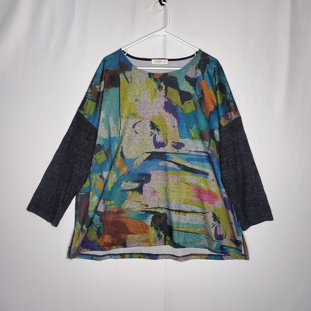 Jess And Jane‎ Top XL Artsy Boho Quirky Art To Wear Rainbow Masterpiece USA